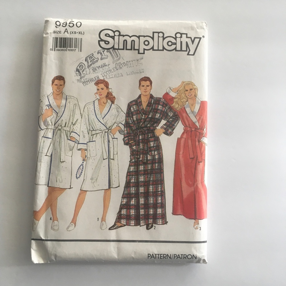 Simplicity Sewing Pattern  Bathrobe #9950 Size XS-XL $10/1 Pattern $24/3 Pattern